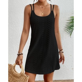 Bsubseach Beach Coverups Women Eyelet T Shirt Dress Sleeveless Casual Tank Sundresses Black XL