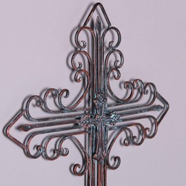 Yamfurvo Antique Wall Mount Layered Cross, Metal Scrolled Wall Art Wall Sculptures Cross with Hook, Decorative Iron Hanging Cross Home Decor, Copper Brown