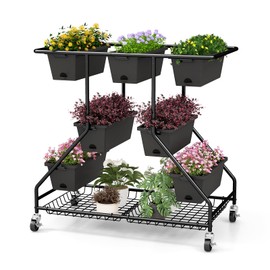 Giantex Rolling Raised Garden Bed w/ 7 Planter Boxes, Storage Baskets, Drainage Holes, 4 Lockable Casters, 3-Tier Freestanding Elevated Planter for Strawberry Vegetable Flower Herb