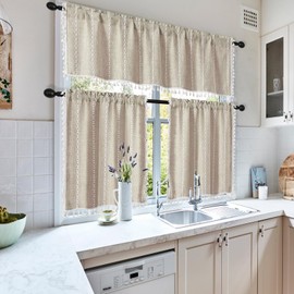 MitoVilla Boho Kitchen Curtains 24 Inch Length, 2 Panels Farmhouse Cafe Curtains Short Tier Small Cotton Linen Striped Curtain for RV Bathroom Sink Cabinet Half Door Bay Windows, Taupe