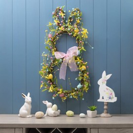 Glitzhome 24.5”H Easter Bunny Spring Wreath with Easter Eggss & Spring Flowers for Front Door Wall Decoration