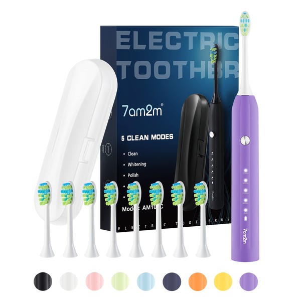 7am2m Cepillo de dientes eléctrico Sonic para adultos y niños, con 6 cabezales de cepillo, 5 modos con temporizador inteligente integrado de 2 minutos, diseño de mango de columna romana US-AM105C-morado
