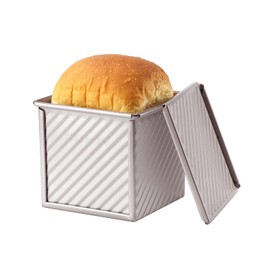 CHEFMADE - Mini cacerola para pan con tapa, capacidad de masa de 0.45 libras, caja de tostada ondulada rectangular antiadherente para horno de hornear 3.9 x 3.9 x 3.9 pulgadas (oro champaña)