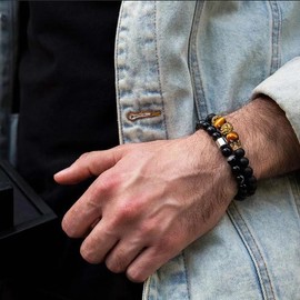 LIU JUN The Guardian - Son's Tiger Eye Protection Bracelet From Dad, Love You Forever Lion Crown Black Beaded Natural Stone Mens Gift Jewelry (Lion Crown Gold)