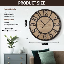 Maxstar Large Wall Clock Silent Bronze Rustic Farmhouse Metal & Wood with Arabic Numeral, Battery Operated Wall Clocks Decorative for Living Room Bedroom Office Home Decor 32inch