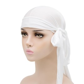 Blausky 1 x Silk Wave Cap, Durags with Long Tail, Silky Durag Caps, Pirate Cap, Pirate Hair Loss Turban, Hip-Hop Tail Satin Headscarf, Adjustable Headwrap for Men and Women, White