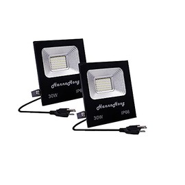 HANNAHONG 2 Pack 30W LED Flood Lights with Plug,3000lm Super Bright Security Lights,IP66 Waterproof Outdoor Work Light,6000K Daylight White Spotlight for Eave,Porch,Garage,Patio,Yard,Garden,Lawn