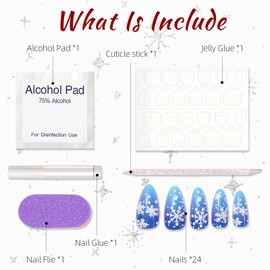 Medium Almond Press on Nails Fake Nails Gradient Blue False Nails with Snowflake Designs Glitter Glue on Artificial Nails Full Cover Acrylic Nails for Women Girls 24PCS