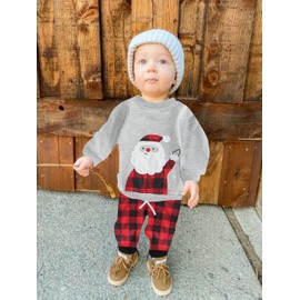 ZZLBUF Toddler Baby Boy Christmas Outfits Santa Long Sleeve Pullover Top Sweatshirt Pants Set Fall Winter Clothes (02- Santa Plaid Gray, 12-18 Months)