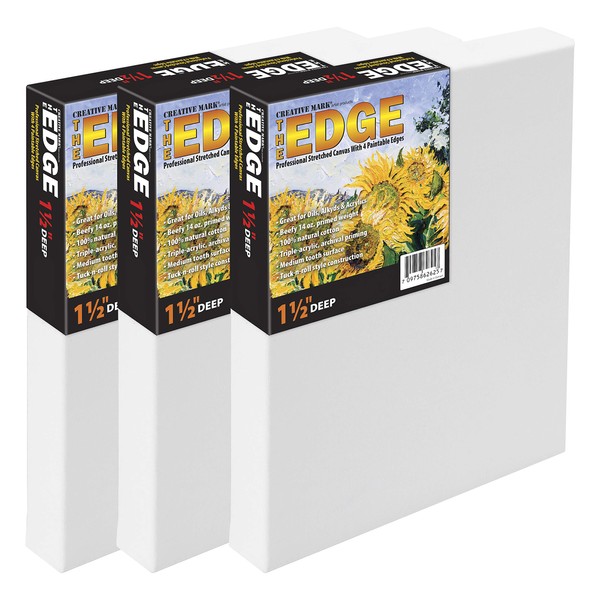 Creative Mark The Edge All Media Cotton Deluxe Stretched Canvas - 20x20" - 3 Pack of 1-1/2'' Deep Triple Acrylic Primed Canvas for Painting