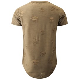 KLIEGOU Mens Hipster Hip Hop Ripped Round Hemline Hole T Shirt Khaki L