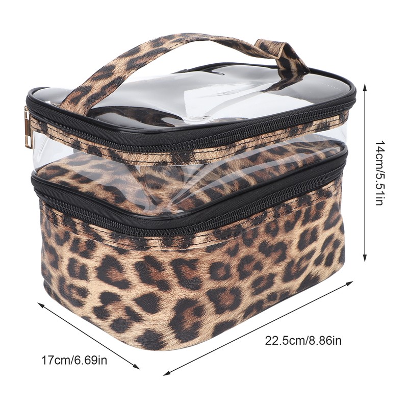 Double Layer Cosmetic Bag PVC Leopard Print Design Portable Large
