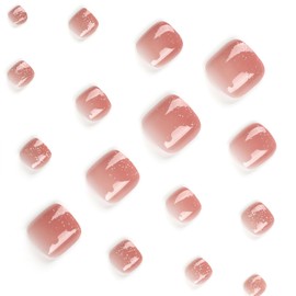 MOTIBACK 24Pcs Press-On Toenails - Peach Pink Shimmer Gradient Toenails, Short Square Fake Toenails with Gradient Glitter, 12 Size Acrylic False Toenails for Women (Includes Glue)