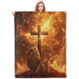 VANZEV Christian Blanket,Lion and Lamb Flannel Throw Blankets,Soft Warm Lightweight Cozy Plush Sunset Cross Throws for Bedroom Sofa Home Decor Gifts for Women Girls 50"x60"