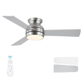 putroad 42 Inch Ceiling Fans with Lights and Remote, Brushed Nickel Low Profile Ceiling Fan with Light, Flush Mount, Reversible, 6 Speeds, 3CCT Dimmable, Bedroom Indoor/Outdoor Patios Use