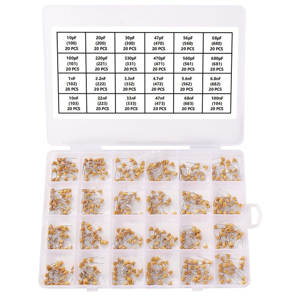 YIXISI 480 Pieces 24 Values 10pF-100nF 50V Ceramic Capacitor Assortment