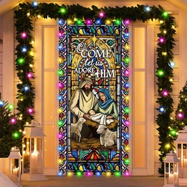 Tingjoo Christmas Nativity Scene Door Cover with String Lights Christmas Religious Door Cover Manger Scene Nativity Banner Background for Front Door Xmas House Church Party Supplies 79 x 36 Inches