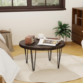 Fun Memories Round Coffee Table - Elm Wood Nesting Table with Metal Legs & Non Slip Feet Base - Rustic Nesting End Tables for Living Room Bedroom - 27.5" D x 27.5" W x 16" H - Walnut Color