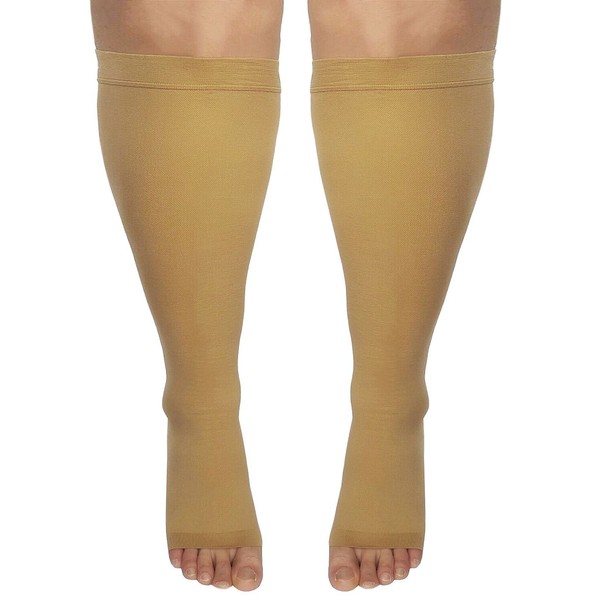 Runee Extra Wide Open Toe Knee High Compression Sock, Wide Calf Size (Beige)