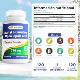BEST NATURALS - Acetyl L-Carnitine (Acetil L-Carnitina) con cido Alfa Lipoico 750 mg - 120 cpsulas - Frmula antioxidante celular - Sin gluten ni soya 