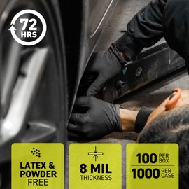72HRS Industrial Grade 8 Mil Black Nitrile Gloves- Mechanic Gloves, Disposable Rubber, (Case of 1000, Medium)