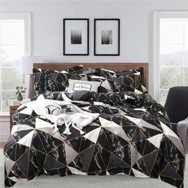 CLOTHKNOW Black Marble Comforter Set King Geometric Plaid Bedding Comforter Set King Mens Boys Bedding Black Grey Triangle Bedding 3Pcs King Comforter Set