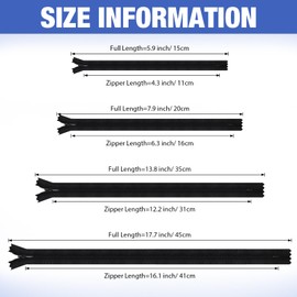 WILLBOND 200 Pieces Nylon Invisible Zippers Sewing Hidden Zippers for Clothes Sewing Crafts, 6 Inch, 8 Inch, 14 Inches, 18 Inches(Black)
