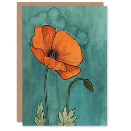Artery8 Greeting Card Poppy Flower Bloom Teal Orange Floral Watercolour Blank For Him Or Her Art Birthday Card