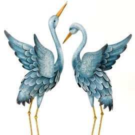 Bits and Pieces - Japanese Blue Heron Metal Sculpture Set - Two Standing Cranes Perfect for Garden Décor - Metal Garden Art, Outdoor Lawn and Patio Décor, Backyard Sculpture, and Decoration
