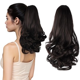 HEWEICSY Ponytail Extension, Clip on Ponytails for Women, 14" Claw Clip in Short Curly Wavy Pony Hair Extension for Women - Darkest Brown