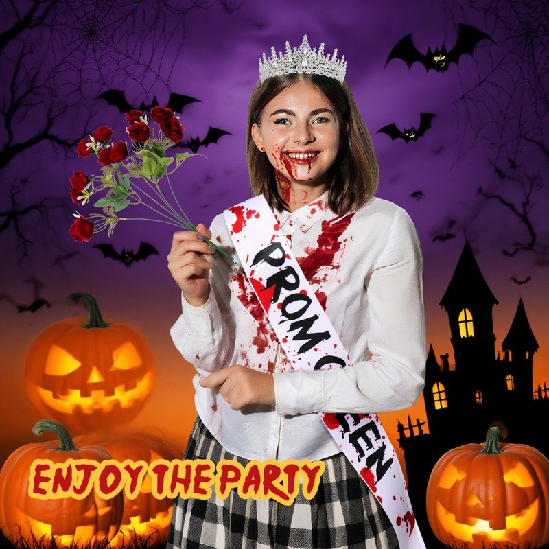 3 Pcs Halloween Prom Queen Crowns and Sashes Set Bloody