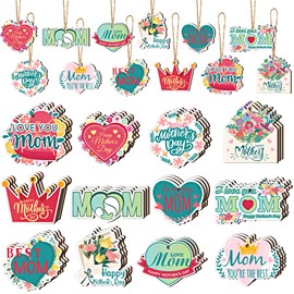 36 Pcs Mother's Day Decorations Mothers Day Wooden Hanging Ornament Happy Mother's Day Decor Love Heat Flower Mom Crown Wood Hanging Pendant Ornaments for Home Tree Mom Birthday Party,12 Styles