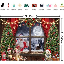 10x8FT Christmas Backdrop Xmas Tree Rustic Wooden Window Moon Night Santa Claus Snow Scene Photography Background Family Winter Holiday New Year Party Decorations Banner Photo Booth Props