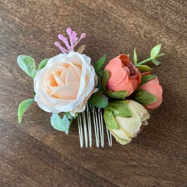 Fangsen Boho Bride Ivory Orange Rose Buds Flower Floral Comb With Spring Wedding Hair Piece for Brides and Bridesmaids Silver