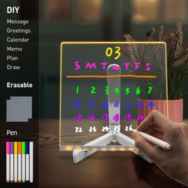 Fanrui Acrylic Dry Erase Board - 8.26 x 8.26 inch Clear Desktop Easel Write Board Lamp with 7 Markers Tray on Desk, to Do List Notepad for Office, Home, School,Cafe Desk LED Letter Message Board