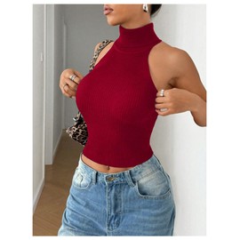 MakeMeChic Sleeveless Turtle Neck Tops Crop Mock Neck Tops for Women Red Small