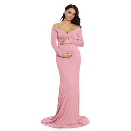 ZIUMUDY Maternity Fitted Gown V Neck Ruched Long Sleeve Maxi Photography Dress (Pink, Large)