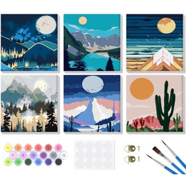 Bowetile 6 Pack Landscape Paint by Numbers Adult Kit Beginner, Adult Paint by Number Kits on Canvas with Frame, Peinture a Numero Adulte, DIY Acrylic Oil Painting Adult Craft Kits, 8x8in