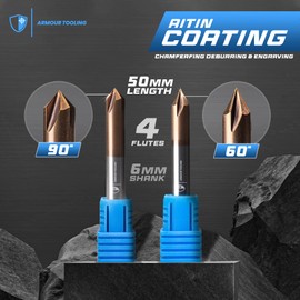 ARMOUR TOOLING - 6mm CNC Router V Bit - 90˚ Solid Carbide (1/4 inch - 0.35mm) 4 Flute V Bit Carving And Chamfering Deburring & Engraving - 90 Degree - Suitable For A Wide Range Of Materials