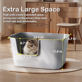 LivLab Mker Extra Large Cat Litter Box with High Sides - Splash-Proof Design for Big Cats & Multi-Cat Homes, 24.6in x 16.7in x 12.8in (Gray)