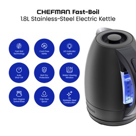 Chefman Electric Kettle, 1.7 Liter Stainless Steel Electric Tea Kettle Water Boiler with Automatic Shutoff, LED Lights, Boil-Dry Protection, Hot Water Electric Kettles for Boiling Water, Black