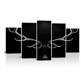 KREATIVE ARTS Large 5pcs Deer Antler Wall Art - Black and White Elk Picture Canvas Prints, Modern Home Decoration for Living Room Bedroom, Easy to Hang, Inner Frame, 60x32