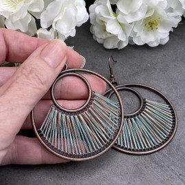 Large Circle Earrings Lake Blue Thread Antique Copper Look : 75mm long, Oversized Boho Earrings for Women