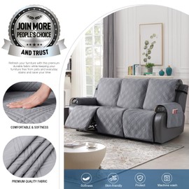 TAOCOCO 100% Waterproof Recliner Sofa Cover, Non Slip Split Couch Covers for Reclining Couches with Elastic Straps, Washable Reclining Sofa Cover Furniture Protector for Kids Pets(3 Seater, Gray)