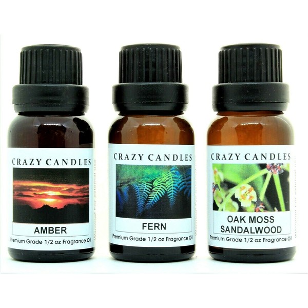 Crazy Candles 3 Bottles Set, 1 Amber, 1 Fern, 1 Oakmoss Sandalwood 1/2 Fl Oz Each (15ml) Premium Grade Scented Fragrance Oils