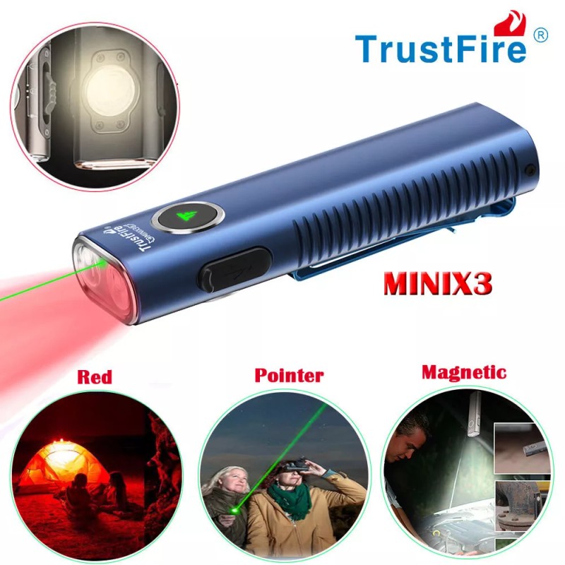 Trustfire X3 Rechargeable EDC Flashlight Magnet Torch , Red Light