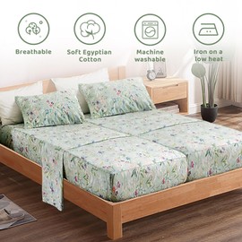 QSH 100% Cotton Sheets for Split King Size Bed, Pattern Botanical Luxury Cotton Printed Floral Bedding Sheets Soft and Breathable 5pcs Deep Pocket Queen Sheet Set