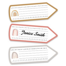 Pencil Name Tags, Self Adhesive Boho Rainbow Themed Name Tags for Classroom, Pencil Stickers Decorations for Student Desks, Labels for Kindergarten Locker, 08