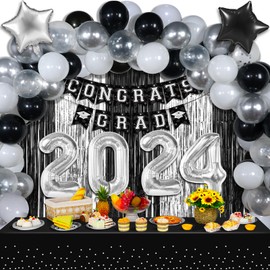 Graduation Party Decorations Class of 2024, Congrats Grad Banner Fringe Foil Curtain Graduation Tablecloths Balloons Arch Garland Kit for College University Graduation Party Supplies, Black and Silver