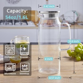 1.6 Liter 54 oz Glass Pitcher with Lid and Spout, Bivvclaz Glass Water Pitcher for Fridge, Glass Carafe for Hot/Cold Water, Iced Tea Pitcher, Drink Pitcher for Coffee, Juice and Homemade Beverage